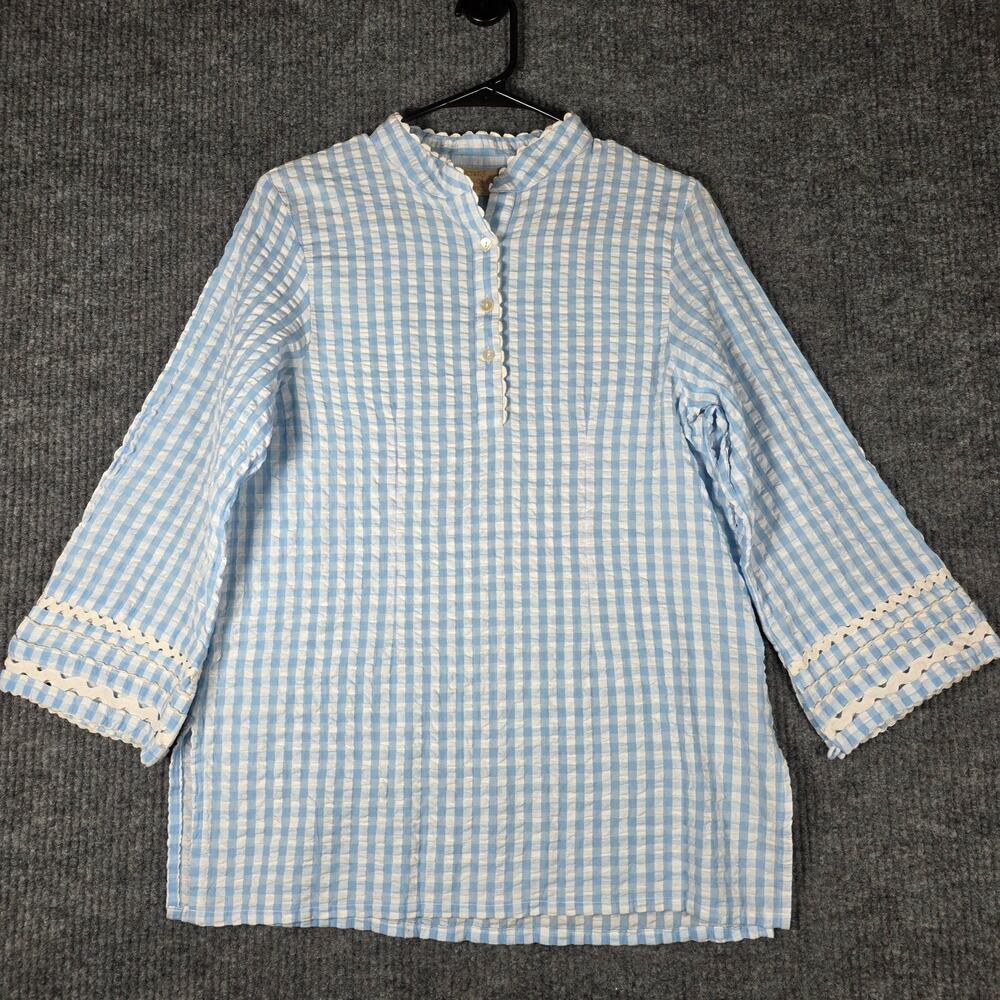Rungolee Blue White Gingham Seersucker Tunic Top Ric Rac Trim Womens S